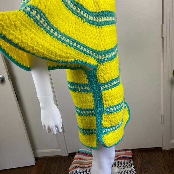 Vintage 70s Handmade Knit Yellow Striped Crochet Sweater Cape Cardigan Sweater - Picture 8 of 10